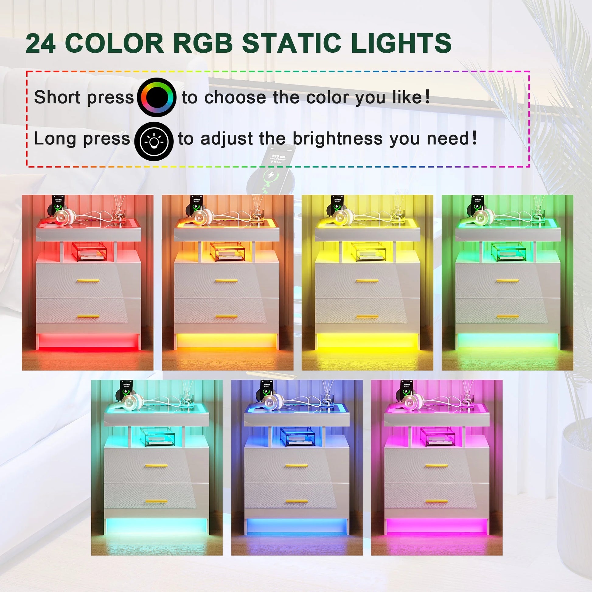 HNEBC RGB LED Nightstand with Wireless Charging Station & USB Ports, High Gloss Smart Night Stand with Drawer and Dynamic Lighting, Modern Bedside Tables for Bedroom, End Table