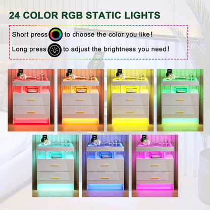 HNEBC RGB LED Nightstand with Wireless Charging Station & USB Ports, High Gloss Smart Night Stand with Drawer and Dynamic Lighting, Modern Bedside Tables for Bedroom, End Table