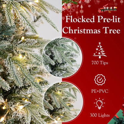 Qunler 7ft Pre-lit Snow Flocked Artificial Christmas Tree with 300 Warm Lights 8 Modes, 700 PE+PVC Snowy Branches, White