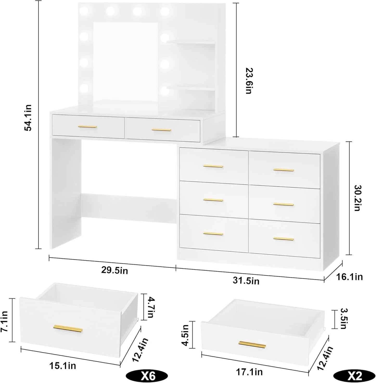 Garvee 61" White Makeup Vanity Desk with Mirror and Lights, Adjustable Brightness, 3 Lighting Modes, 8 Storage Drawers & 2 Open Shelves - Vanity Table for Bedroom