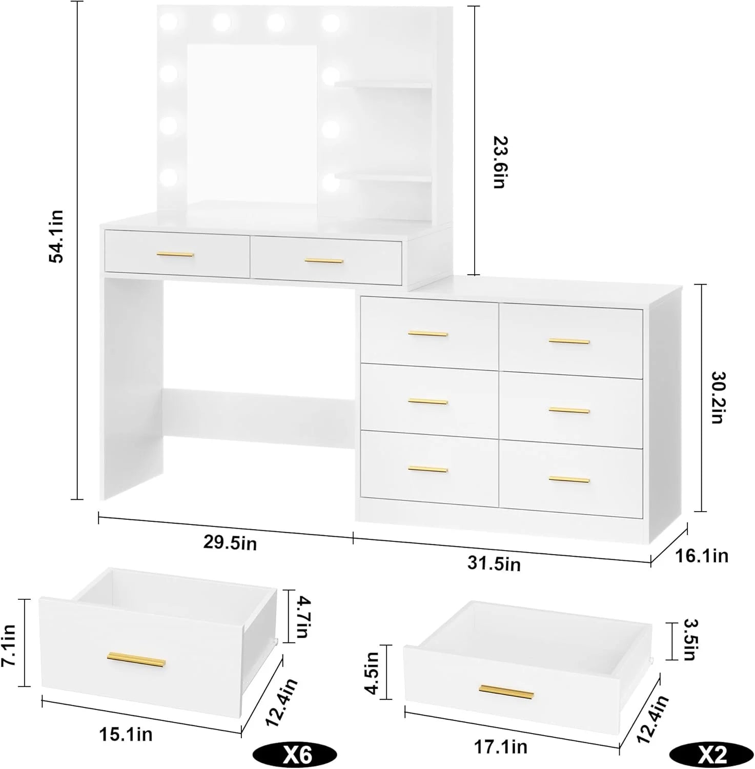 Garvee 61" White Makeup Vanity Desk with Mirror and Lights, Adjustable Brightness, 3 Lighting Modes, 8 Storage Drawers & 2 Open Shelves - Vanity Table for Bedroom