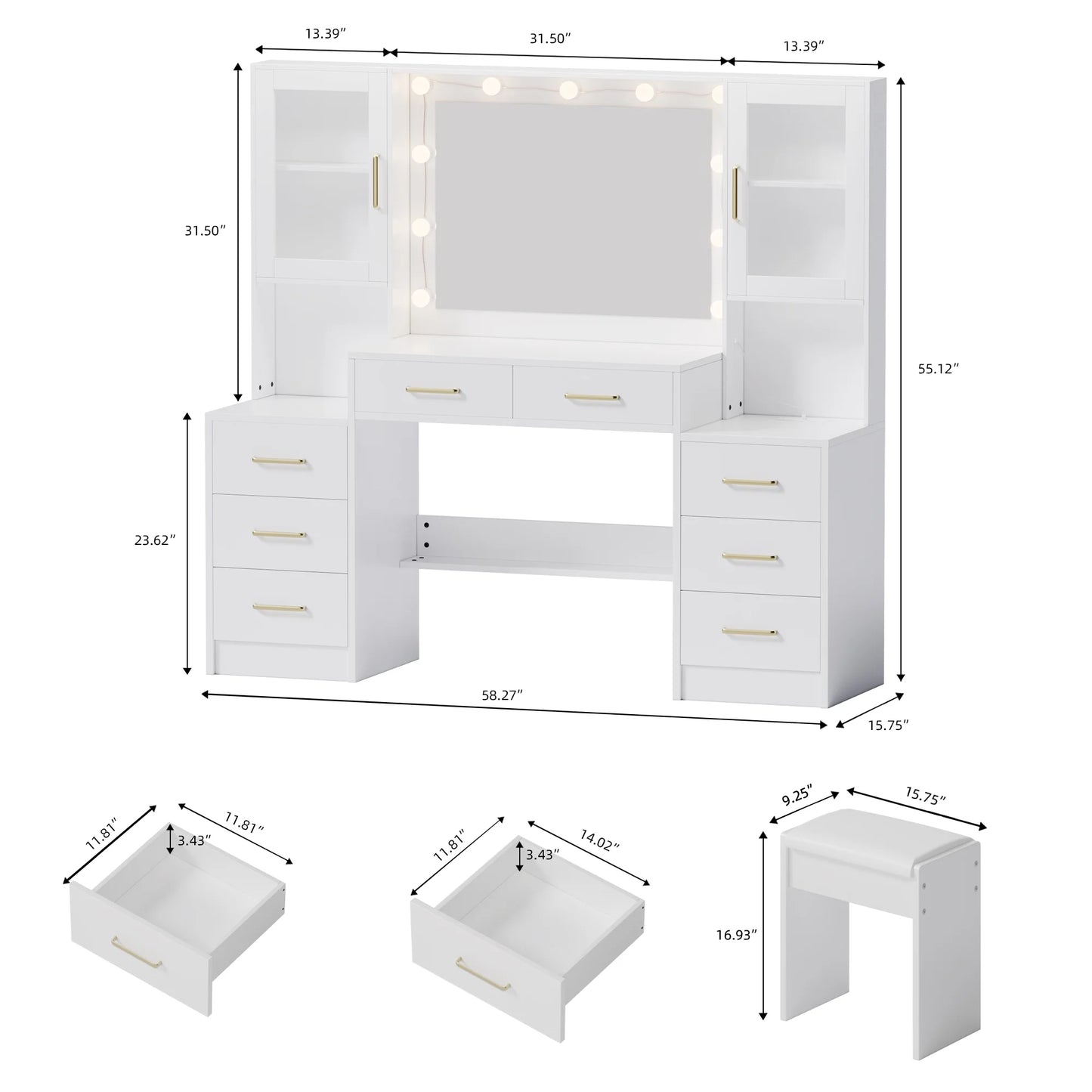 UGTOO 58.3" White Vanity Desk with Mirror, Adjustable Lighting, Power Outlet, Drawers, with Stool
