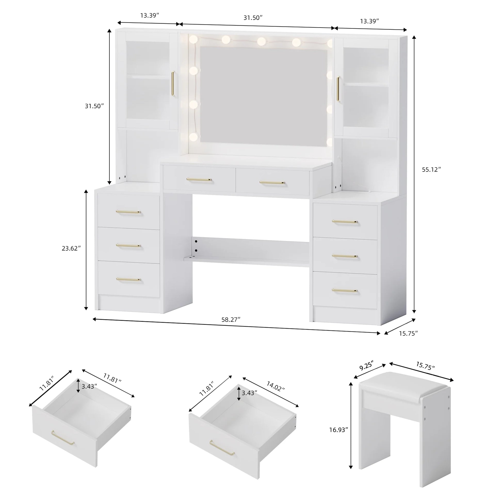 UGTOO 58.3" White Vanity Desk with Mirror, Adjustable Lighting, Power Outlet, Drawers, with Stool