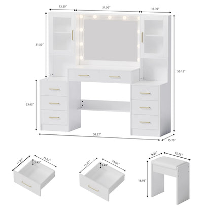 UGTOO 58.3" White Vanity Desk with Mirror, Adjustable Lighting, Power Outlet, Drawers, with Stool