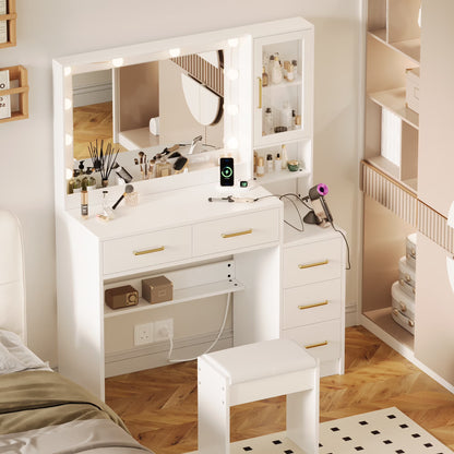 UGTOO 58.3" White Vanity Desk with Mirror, Adjustable Lighting, Power Outlet, Drawers, with Stool