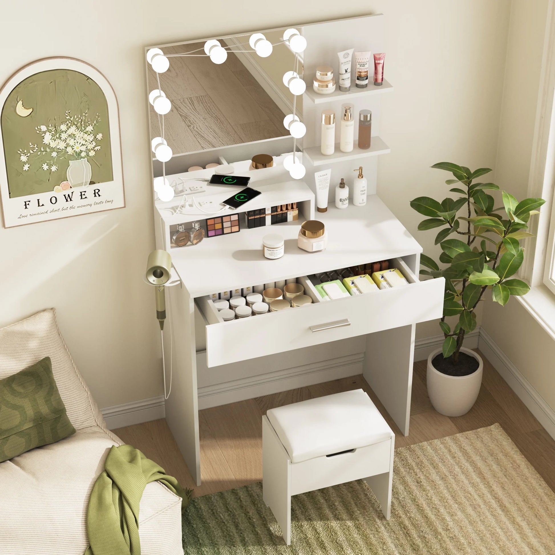 VEANERWOOD Makeup Vanity Table with Lighted Mirror & Power Strip, White Vanity Set with Large Storage, 3 Lighting Modes, 31.5 inch, White