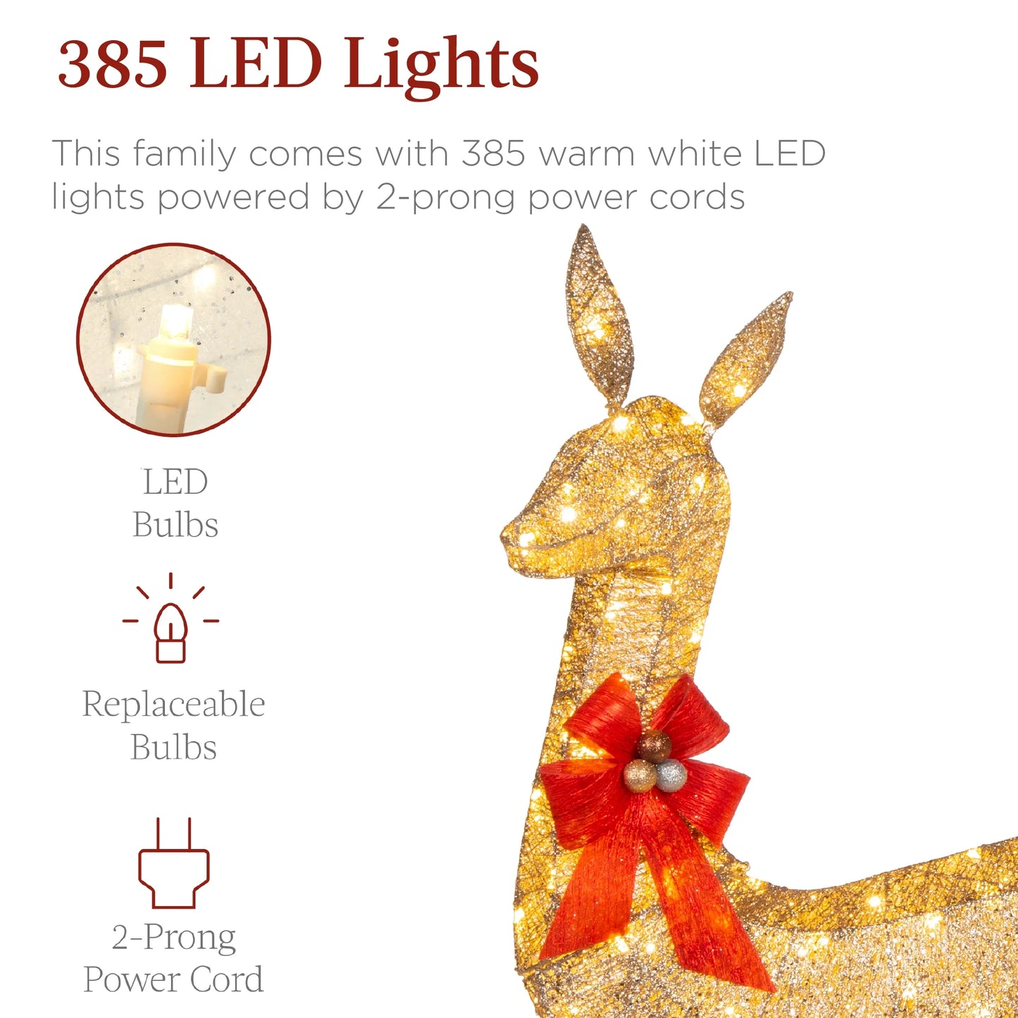 Best Choice Products 6.5ft 3-Piece Lighted Christmas Deer Set Outdoor Yard Decoration w/385 LED Lights, Stakes - Gold