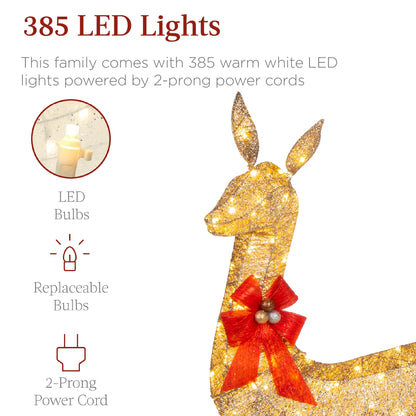 Best Choice Products 6.5ft 3-Piece Lighted Christmas Deer Set Outdoor Yard Decoration w/385 LED Lights, Stakes - Gold