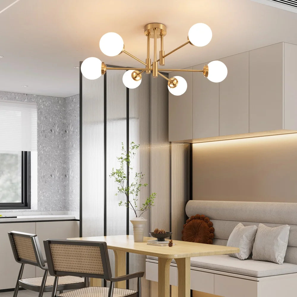Deyidn Modern 6-Light Sputnik Chandelier with Milky White Glass Shades, 31 Inch Gold Pendant Lighting for Dining Room