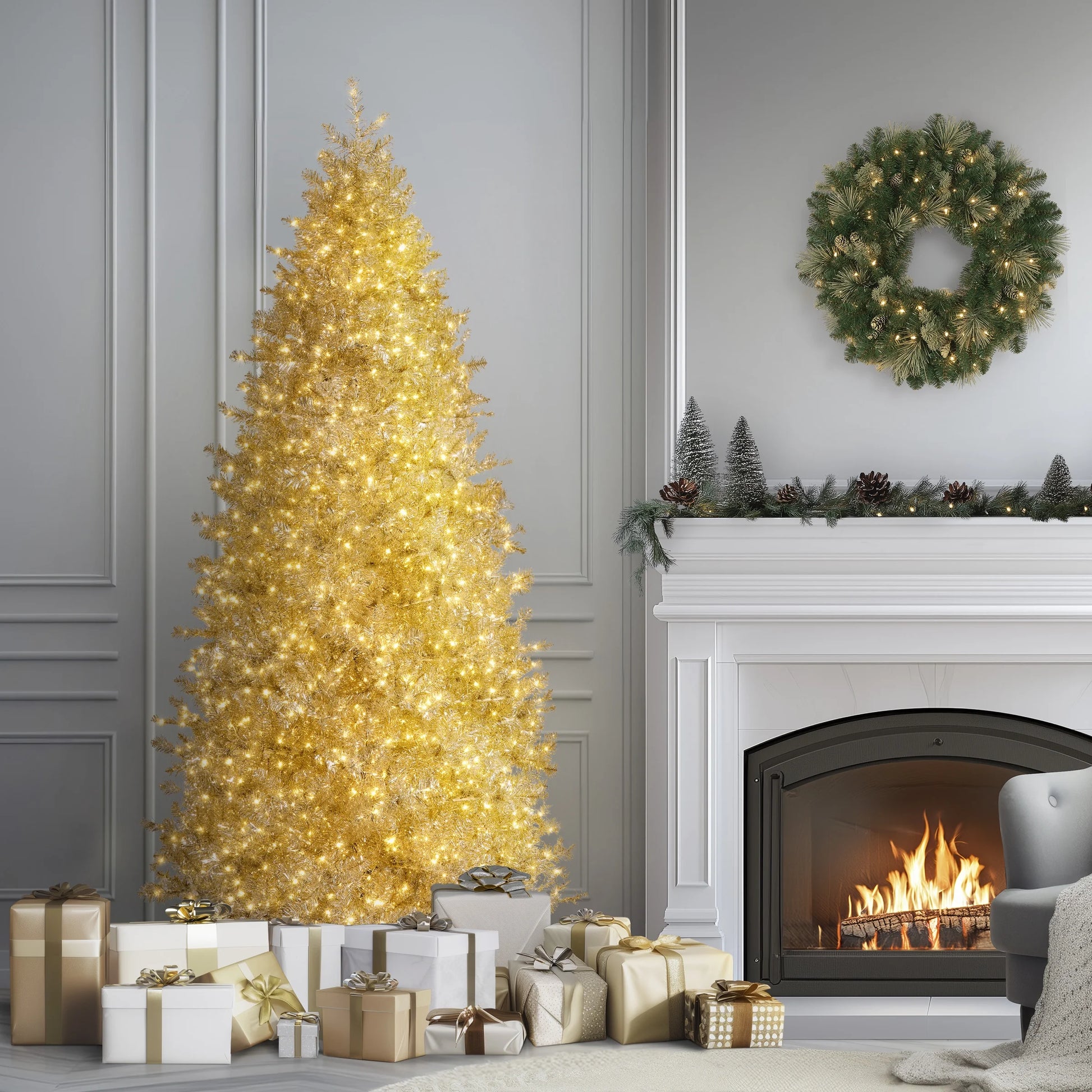 National Tree Company Pre-Lit Artificial Christmas Tree, Platinum, Tinsel, 1250 Warm White LED Rice Lights, Includes Stand, 7.5 Feet