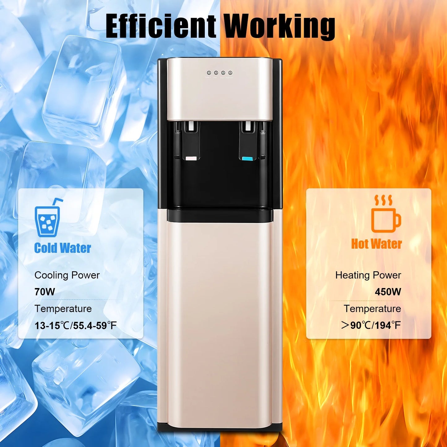 Bottom Loading Water Dispenser with Hot & Cold Water, 450W Heating, 70W Cooling, Stainless Steel Liner, Child-Safe, for Home & Office, Gold