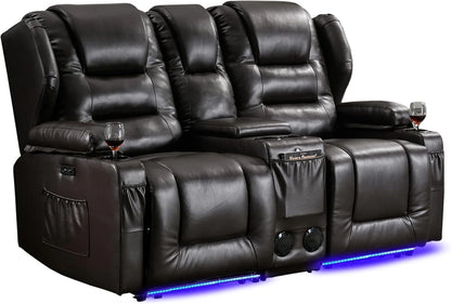 IPKIG Electric Home Theater Seating- Power Recline Chair Loveseat RV Sofa with Console, 67" Double Recliner 2-Seater RV Couch with Storage/USB Charging/Lighting/Cup Holders for Living Room