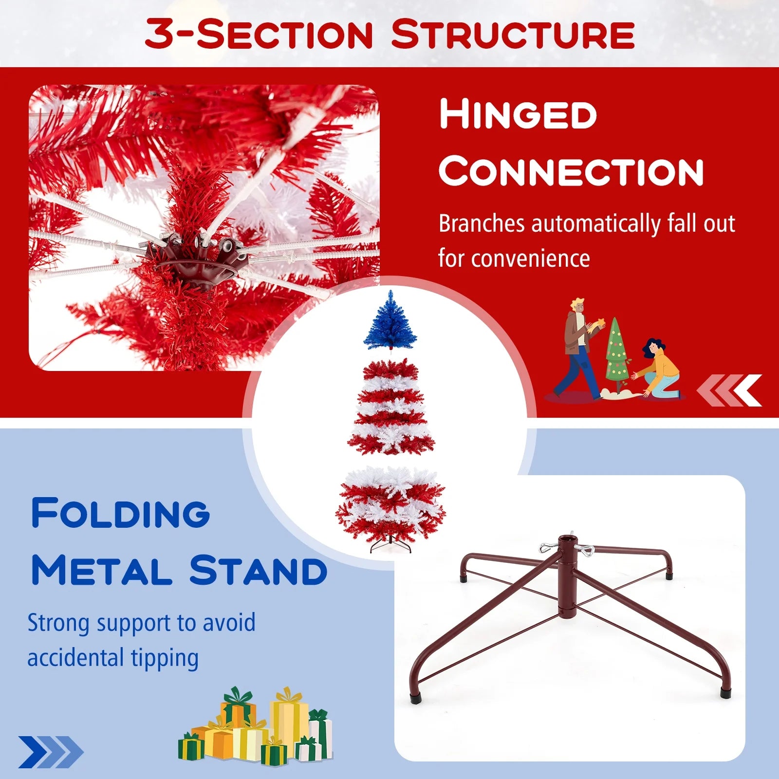 Costway 7.5 FT Patriotic Pre-Lit Artificial Christmas Tree with 1341 Branch Tips 480 Lights