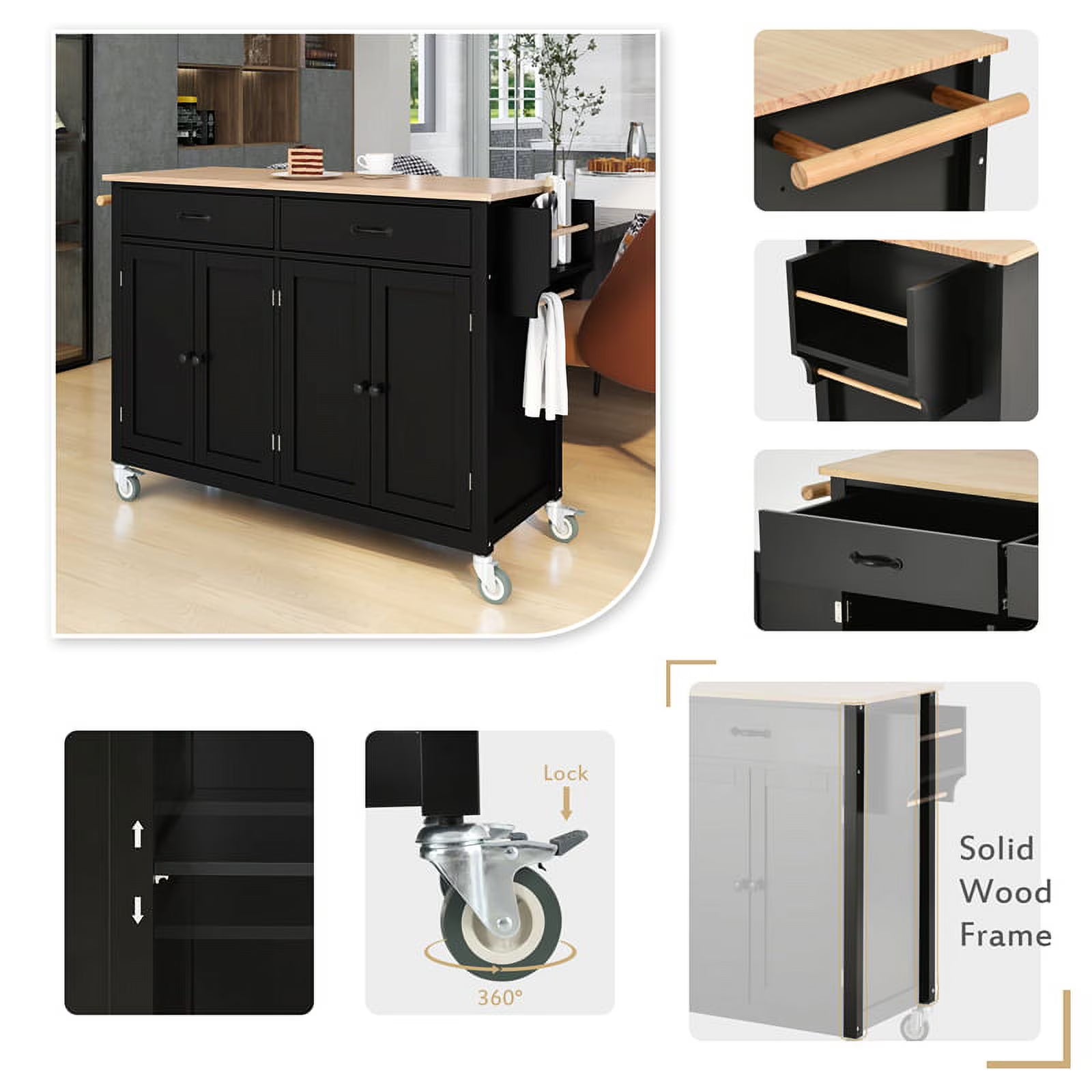 Kitchen Storage Islands& Carts with Solid Wood Top and Locking Wheels, Kitchen Island Cart with 4 Door Cabinet and Two Drawers, Kitchen Cabinets for Kitchen and Dining Room, Green