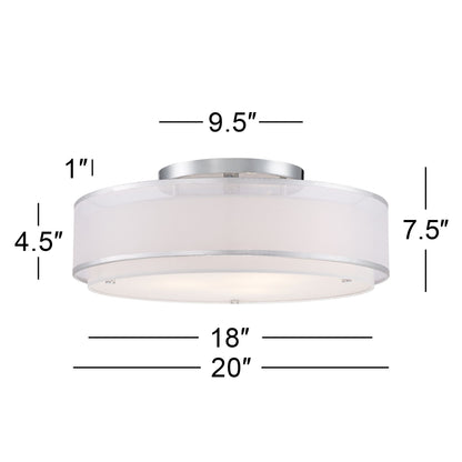Possini Euro Design Modern Ceiling Lighting Semi Flush Mount Fixture 20" Wide Chrome 3-Light Sheer Outer Off White Inner Drum Shade for Bedroom House