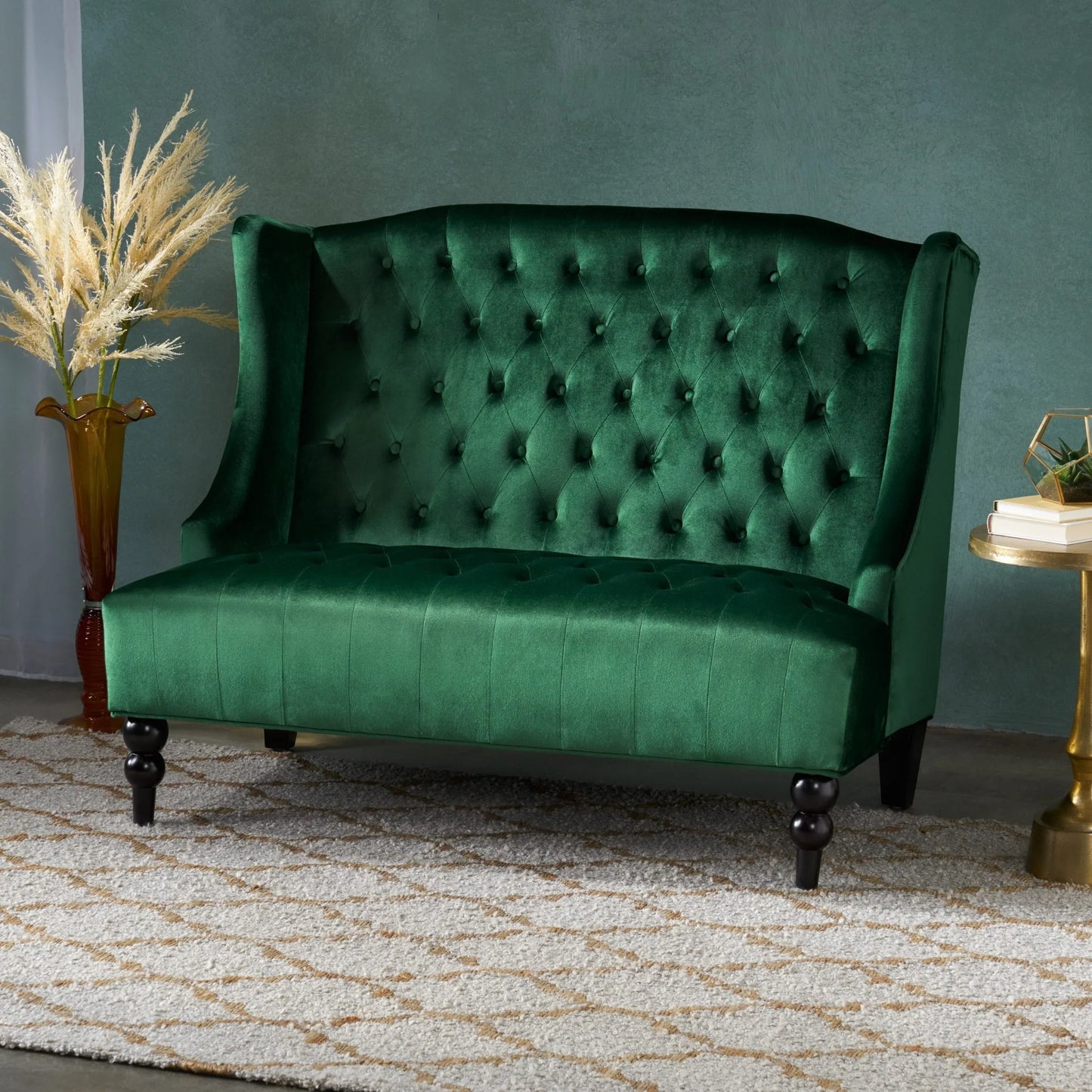 Christopher Knight Home Leora Modern Glam Tufted Velvet Wingback Loveseat by Armless Emerald Semi-Firm