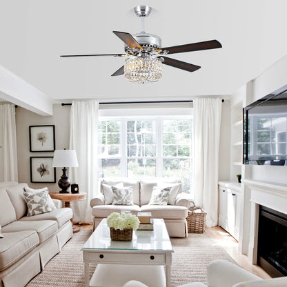 Kviflon 52" Farmhouse Ceiling Fan with Lights & Remote, Crystal Chandelier, Wood Blades, Quiet Motor, 6-Speed, Timer, Modern Lighting for Living Room, Bedroom, Dining Room, Chrome Finish