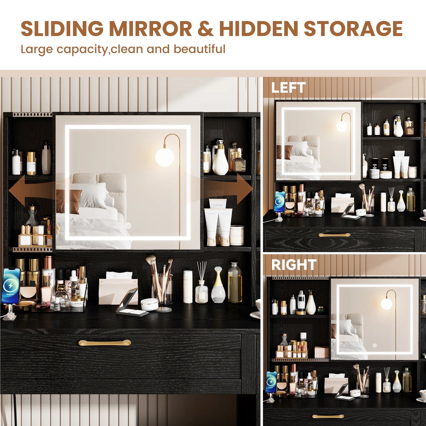 SESSLIFE 41''Vanity Set with Charging Station, Large Makeup Desk with LED Sliding Mirror, 3 Lighting Modes Adjustable Brightness, Makeup Dressing Table Set for Adults,Women, White