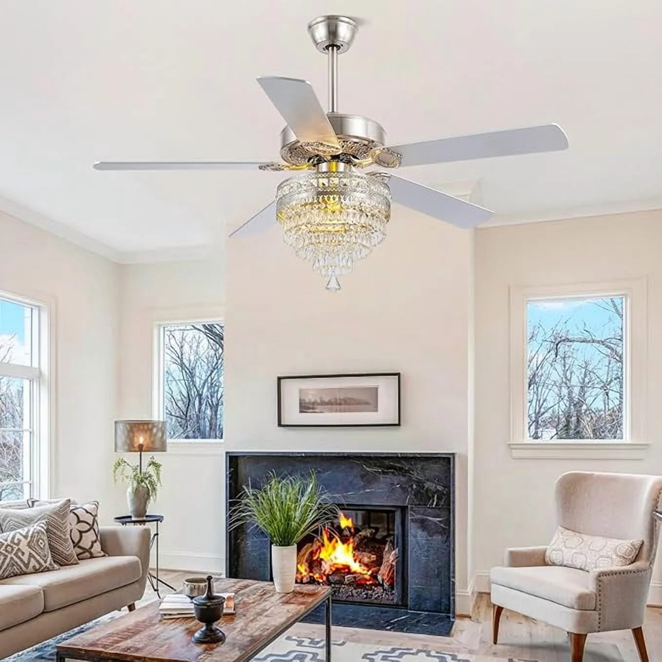 YIOSI 52" Crystal Ceiling Fan Fandelier with Remote Control, Modern Chrome Chandelier Ceiling Fan, Whisper-Quiet Motor, Reversible Blades, LED Lighting, Energy-Efficient, Elegant Living Room Fan