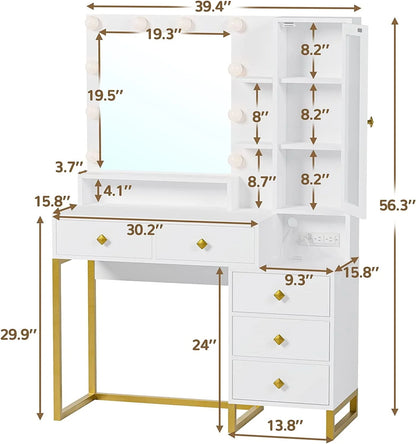 Vanity Desk with LED Lighted Mirror, Makeup Desk with 5 Storage Drawers & 6 Shelves, Vanity Table with Charging Station, Modern Dressing Table with 3 Color Lighting Options, White