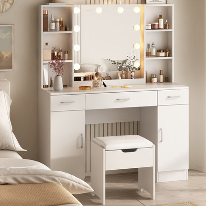 VEANERWOOD Large Makeup Vanity Set with Light Modern Makeup Vanity Table with Storage and Adjustable Lighting Colors for Bedroom 45.2in, White