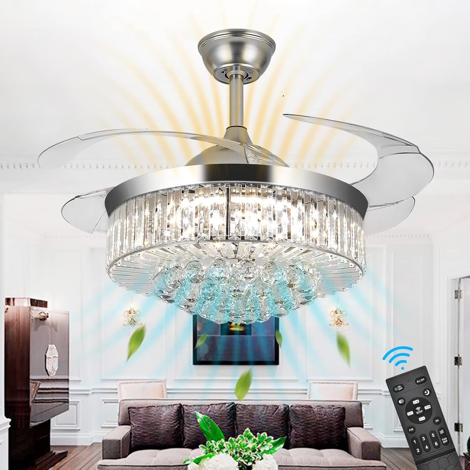 Datingday 42 Inch Crystal Ceiling Fan Golden Crystal Ceiling Fan Chandelier with Remote 6 Speeds 3 Colors Changes Lighting Fixture, 4 Blades Retractable Fans for Bedroom Living Room Dining Room