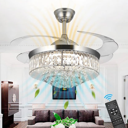 Datingday 42 Inch Crystal Ceiling Fan Golden Crystal Ceiling Fan Chandelier with Remote 6 Speeds 3 Colors Changes Lighting Fixture, 4 Blades Retractable Fans for Bedroom Living Room Dining Room