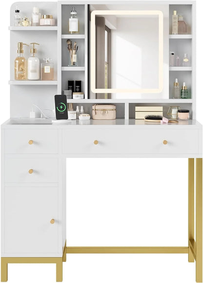Juiluna Makeup Vanity with Led Lighted Mirror & Power Outlet, 3 Lighting Modes, Brightness Adjustable, Vanity Desk with Acrylic Tabletop & Drawers and Cabinets for Bedroom, White
