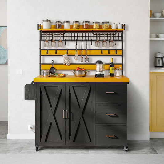 ModFusion 64" Mobile Kitchen Island - Power Outlet, LED Lighting, Adjustable Shelves, Storage Drawers, Cabinet, Lockable Wheels