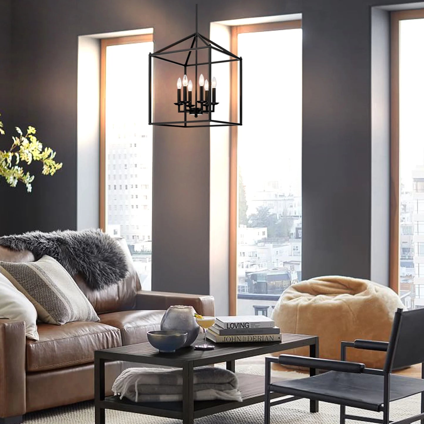 16" 6-Light Kitchen Light Fixture Ceiling Mount Matte Black Pendant Lighting for Dining Room, Living Room