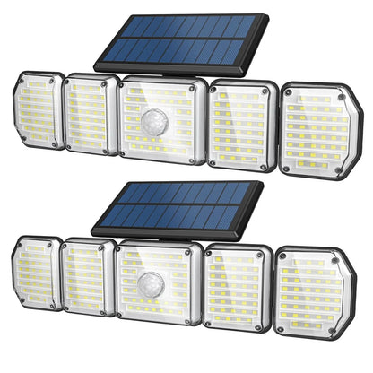2/1 Pack Solar Lights Outdoor,5 Adjustable Heads Solar Flood Lights,214 LED 3 Lighting Modes Dimmable IP65 Waterproof, Motion Sensor Security Wall Lights