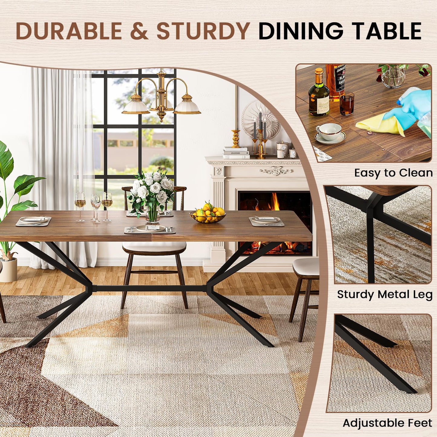 Baxluxe Mid Century Modern Dining Table 70.8 Inch, 6-8 Person Rectangular Kitchen Table with X-Shaped Metal Legs, Wooden Surface Coffee Tables for Living Room, Dining Room, Breakfast Nook, Brown