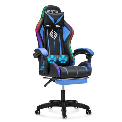 Hoffree Gaming Chair with Massage Office Chair Ergonomic Gamer Chair with LED Light Adjustable Headrest Lumbar Support Footrest Swivel High Back Computer Chair for Adults Teens Christmas,Xmas Gift