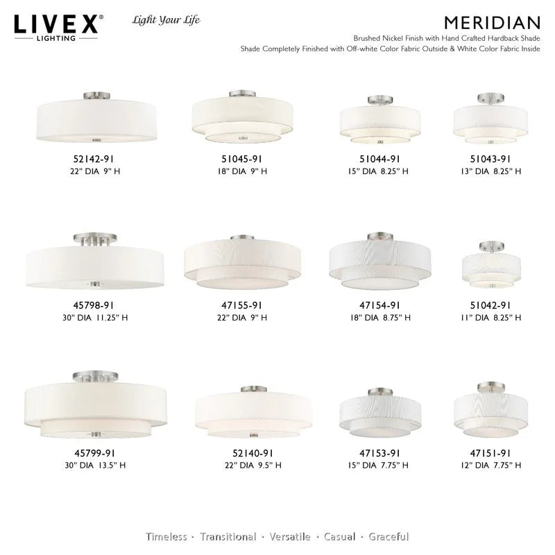 Livex Lighting Meridian 9" 5-Light Metal & Fabric Semi Flush in Satin Brass