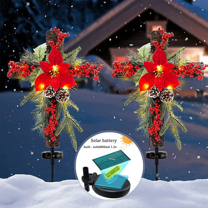Solar Christmas Decorations Outdoor LED Lights, Xmas Waterproof Cross Stake, Cemetery Grave Decorations,Faux Pine Cones and Foliage Ornament Stakes for Garden Lawn Yard Cemetery, Set of 2