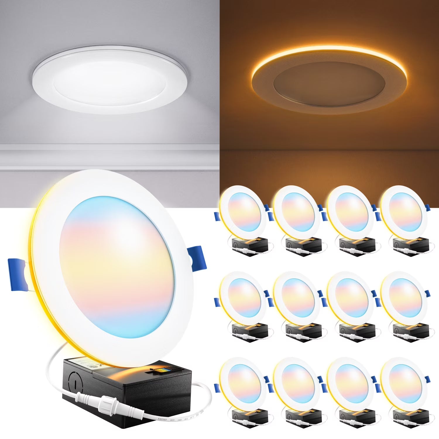 Sunco 12 Pack 6 Inch LED Recessed Light with Night Light, Canless Recessed Lighting, 1500 LM, 15W (150W Equivalent), Selectable CCT 2700K/3000K/4000K/5000K/6000K, Dimmable, with Junction Box