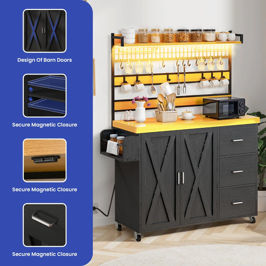 ModFusion 64" Mobile Kitchen Island - Power Outlet, LED Lighting, Adjustable Shelves, Storage Drawers, Cabinet, Lockable Wheels