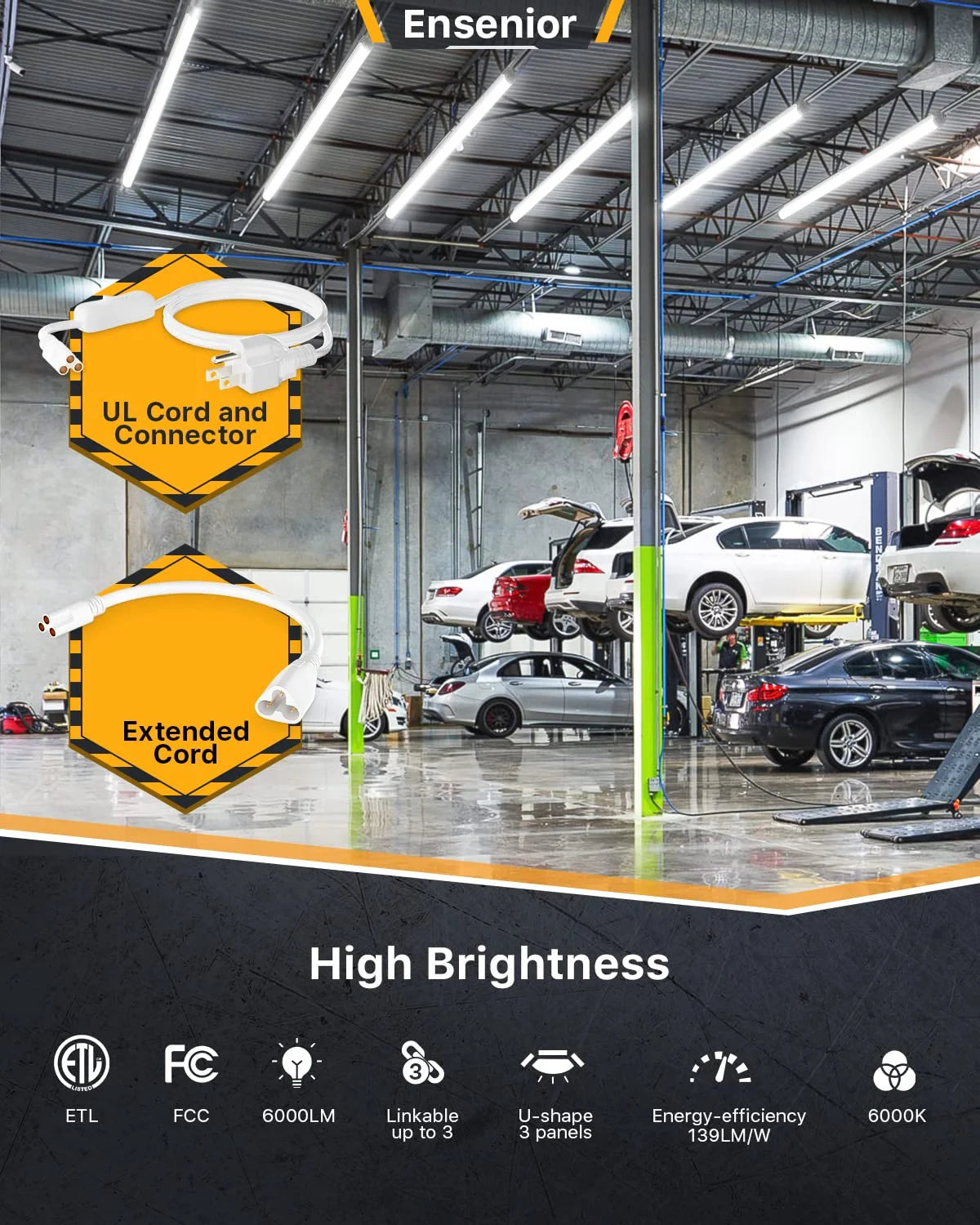 Ensenior 6 Pack 4 FT Led Shop Lights, 6000K Clear White, 5000LM Super Bright, 36W Equivalency 468W, Commercial Bay Lighting, U-Shaped Linkable Shop Lights Plug in for Garage, Workshop, FCC Certified