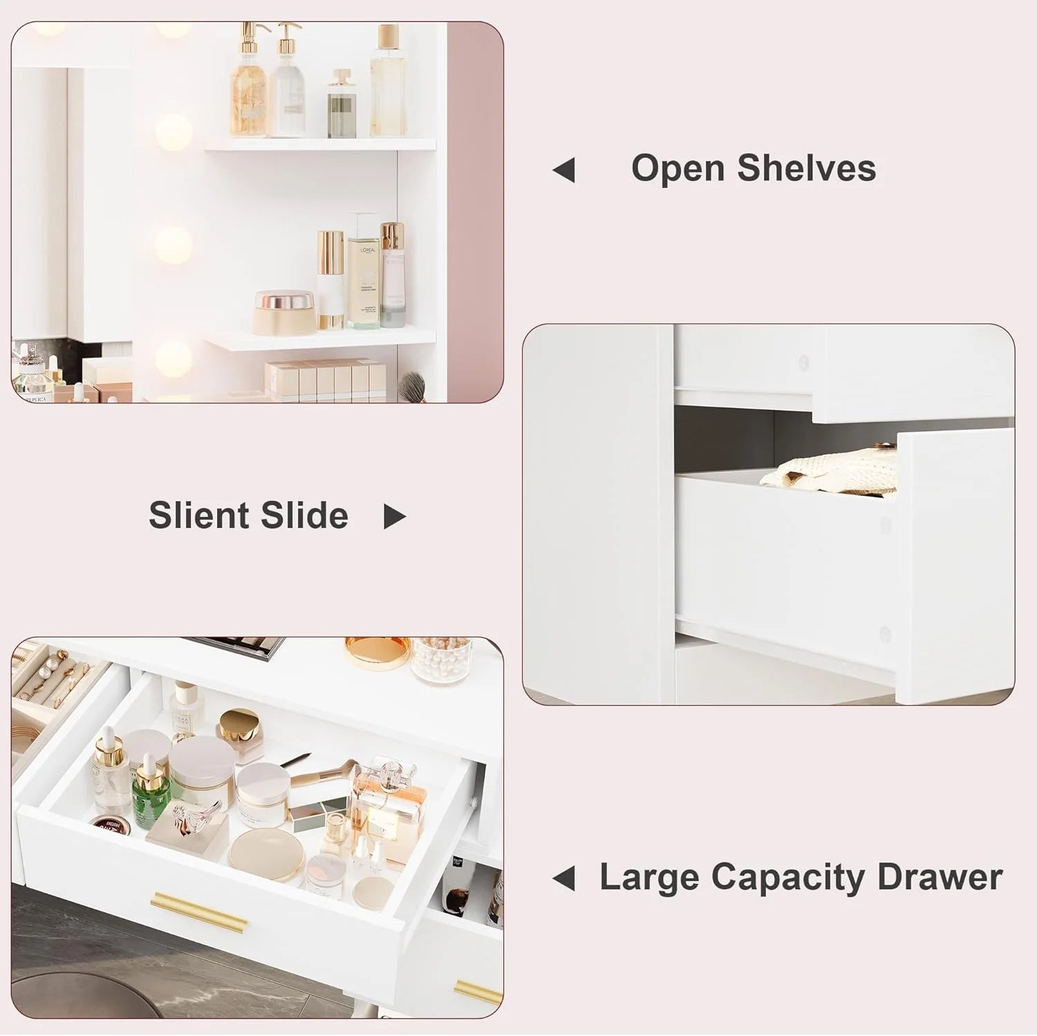 Garvee 61" White Makeup Vanity Desk with Mirror and Lights, Adjustable Brightness, 3 Lighting Modes, 8 Storage Drawers & 2 Open Shelves - Vanity Table for Bedroom