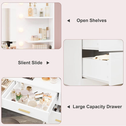 Garvee 61" White Makeup Vanity Desk with Mirror and Lights, Adjustable Brightness, 3 Lighting Modes, 8 Storage Drawers & 2 Open Shelves - Vanity Table for Bedroom