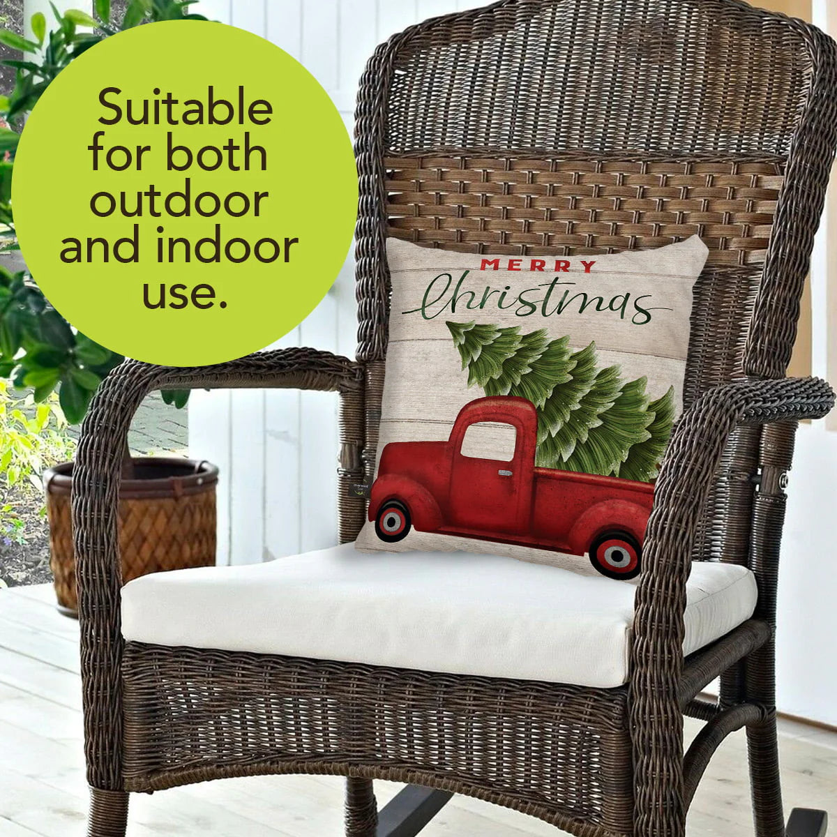 Merry Christmas Pickup Truck Decorative Pillow Rustic Indoor Outdoor 17" x 17"