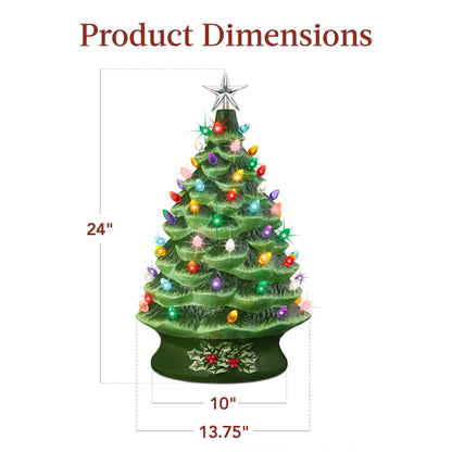 Best Choice Products 24in X-Large Pre-Lit Ceramic Christmas Tree Decor w/74 Multicolor Bulbs, LED Light - Green