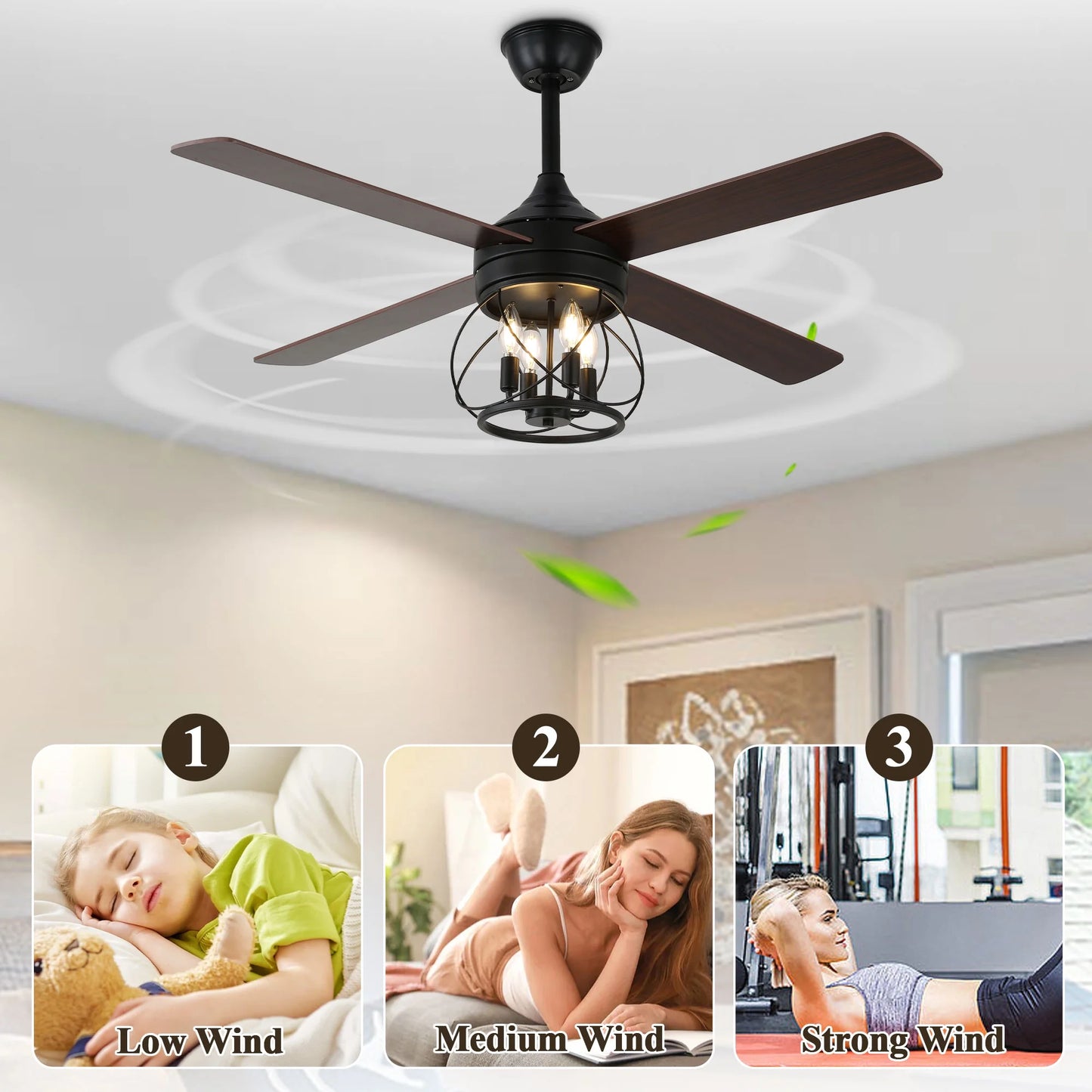 52" Farmhouse Ceiling Fan 4-Light Wood Lighting Reversible Blades with Light and Remote Control 6 Speed