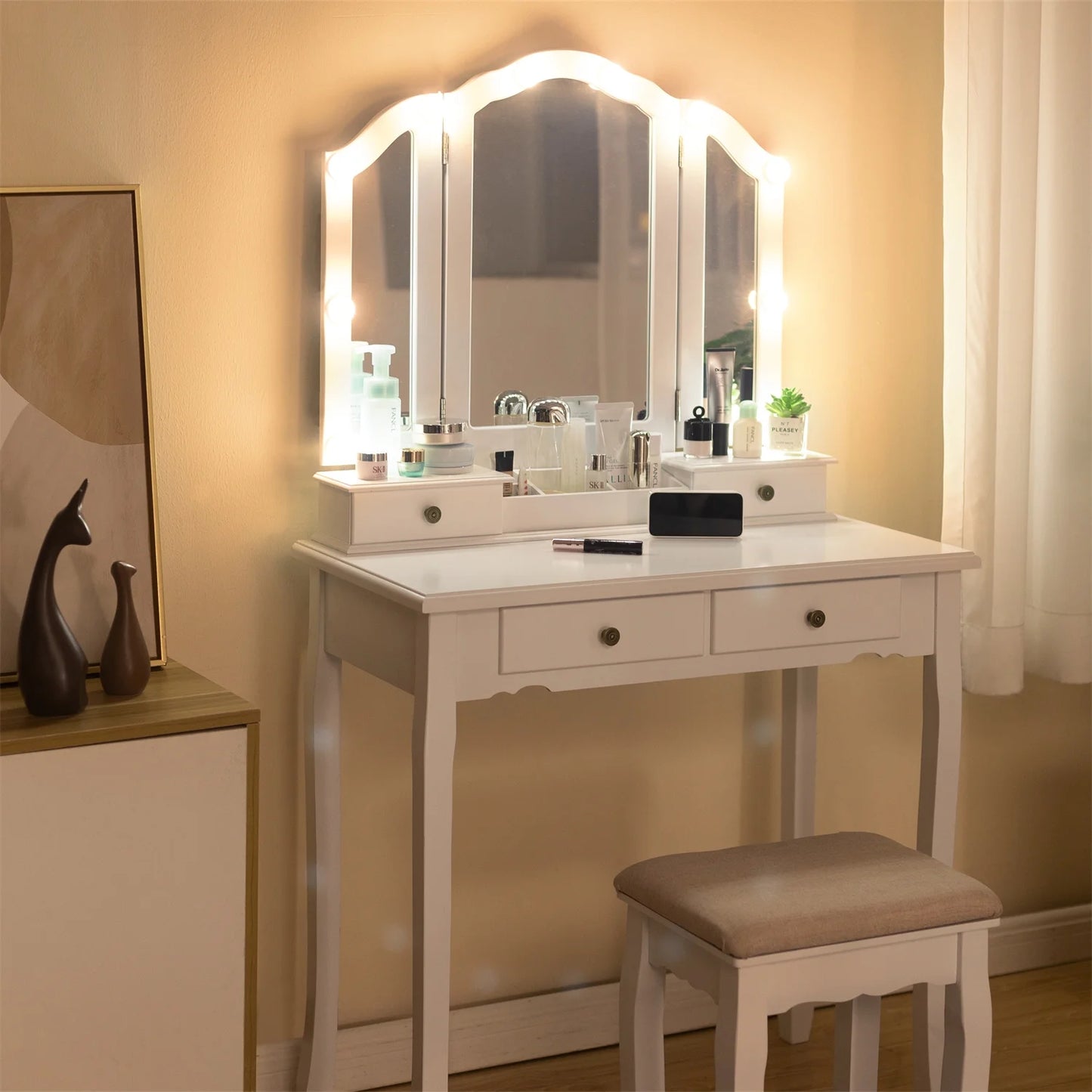 LilyFantasy Vanity Set with Mirror and Lights, Makeup Vanity for Women and Girls, Modern Make up Table and chair for Bedroom, 10 LED Light Bulbs & 3 Color Lighting Modes, White