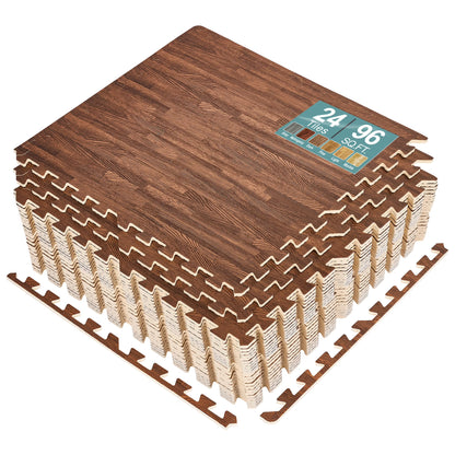 Sorbus 96 Sq. Ft. Wood Grain Floor Tiles Foam Mat EVA Interlocking Mats Tile 3/8-Inch Thick Flooring Wood Puzzle Exercise Mats w/Borders - Home Playroom Basement, Apartment, Trade Show, Baby, Dance