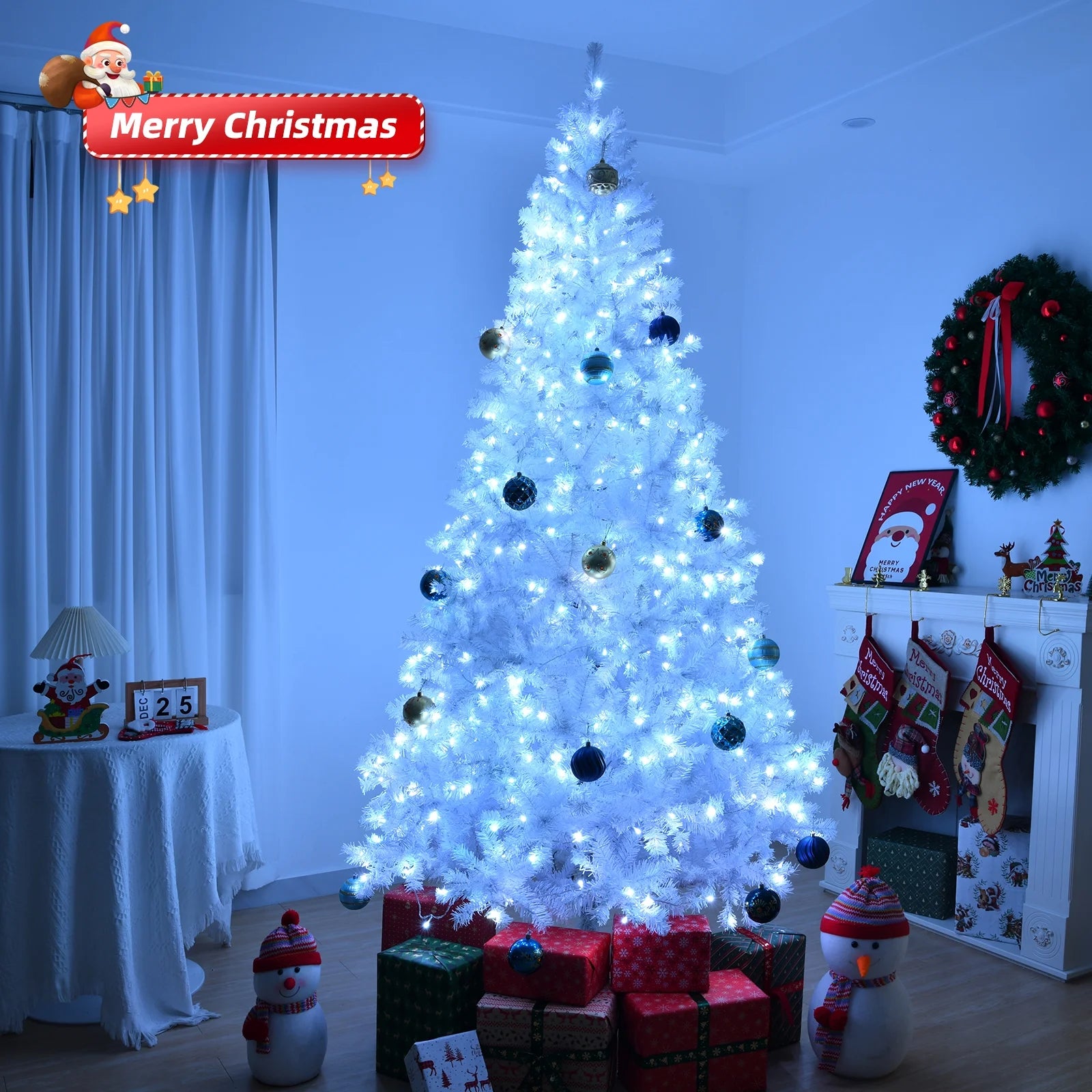 Ktaxon 9 FT Pre-Lit Christmas Tree, Hinged Xmas Pine Tree with 2000 Branch Tips, 650 Lights and Remote Control for Holiday Party Office Home, White