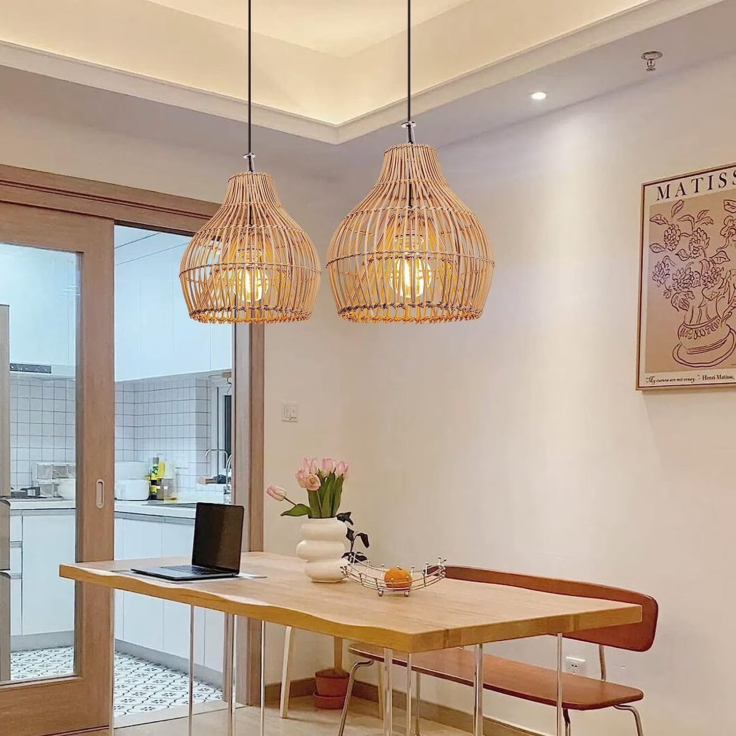 Arturesthome 1 Light Bohemian Pendant Light,Natural Rattan Materials Ceiling Chandelier Hanging Lamp Lighting Fixture for Hallway