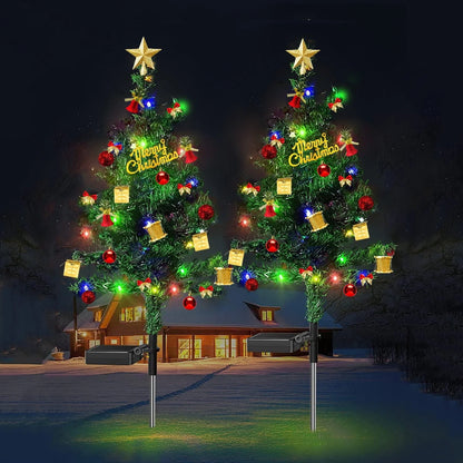 2 Pack Mini Christmas Tree with Lights Ornaments, 20LED-Lights Solar Powered Garden Stake Lights Xmas Tree