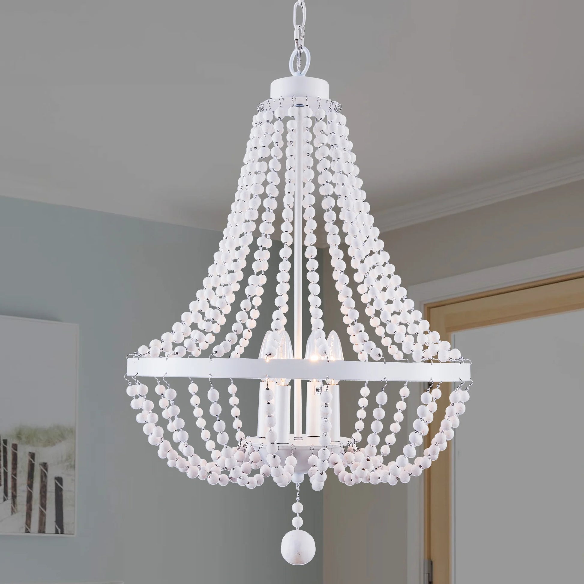 Oaks Aura 4-Light Farmhouse Wood Beaded Chandelier Adjustable Height Black Finish Boho Pendant Lighting