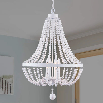 Oaks Aura 4-Light Farmhouse Wood Beaded Chandelier Adjustable Height Black Finish Boho Pendant Lighting